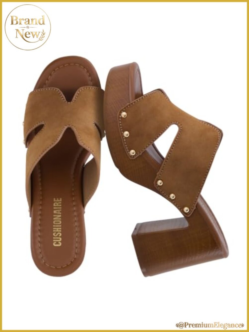 Chunky Block Heel Sandals with Faux Wood Heel, Cushioned Footbed, Studded Vegan